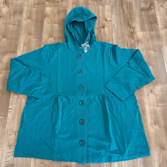 sport saavy Sweaters - NEW Sport Savvy Jacket Hooded Button Women 2XL Rich Teal Lace Stretch Baby Doll